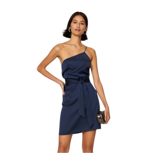 Marissa Webb One Shoulder Tie Mini Dress in Navy Blue Satin Size 4 - Picture 1 of 11